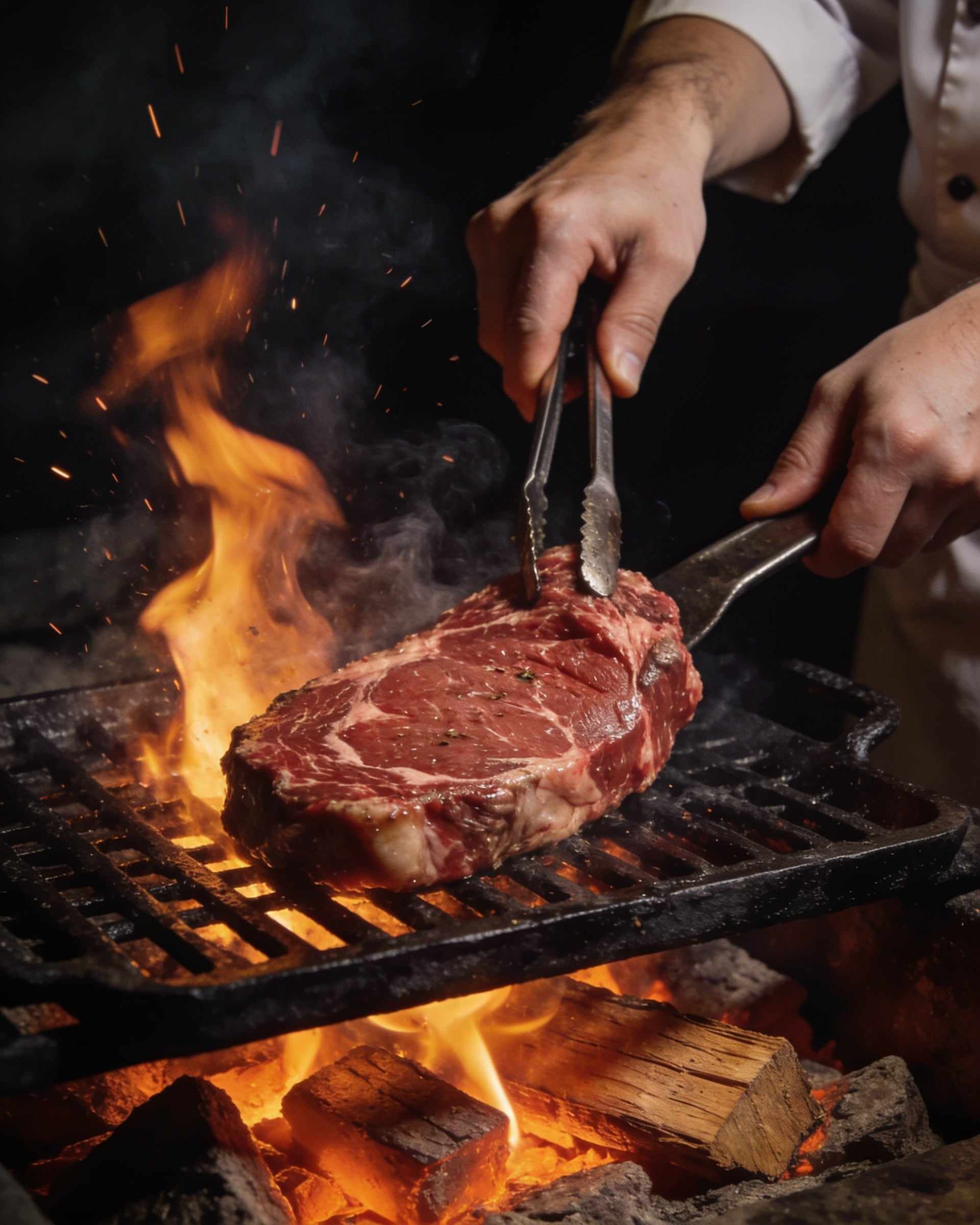 A chef's hands laying a thick raw ribeye on a cast-iron grill over burning oak, sparks and smoke rising