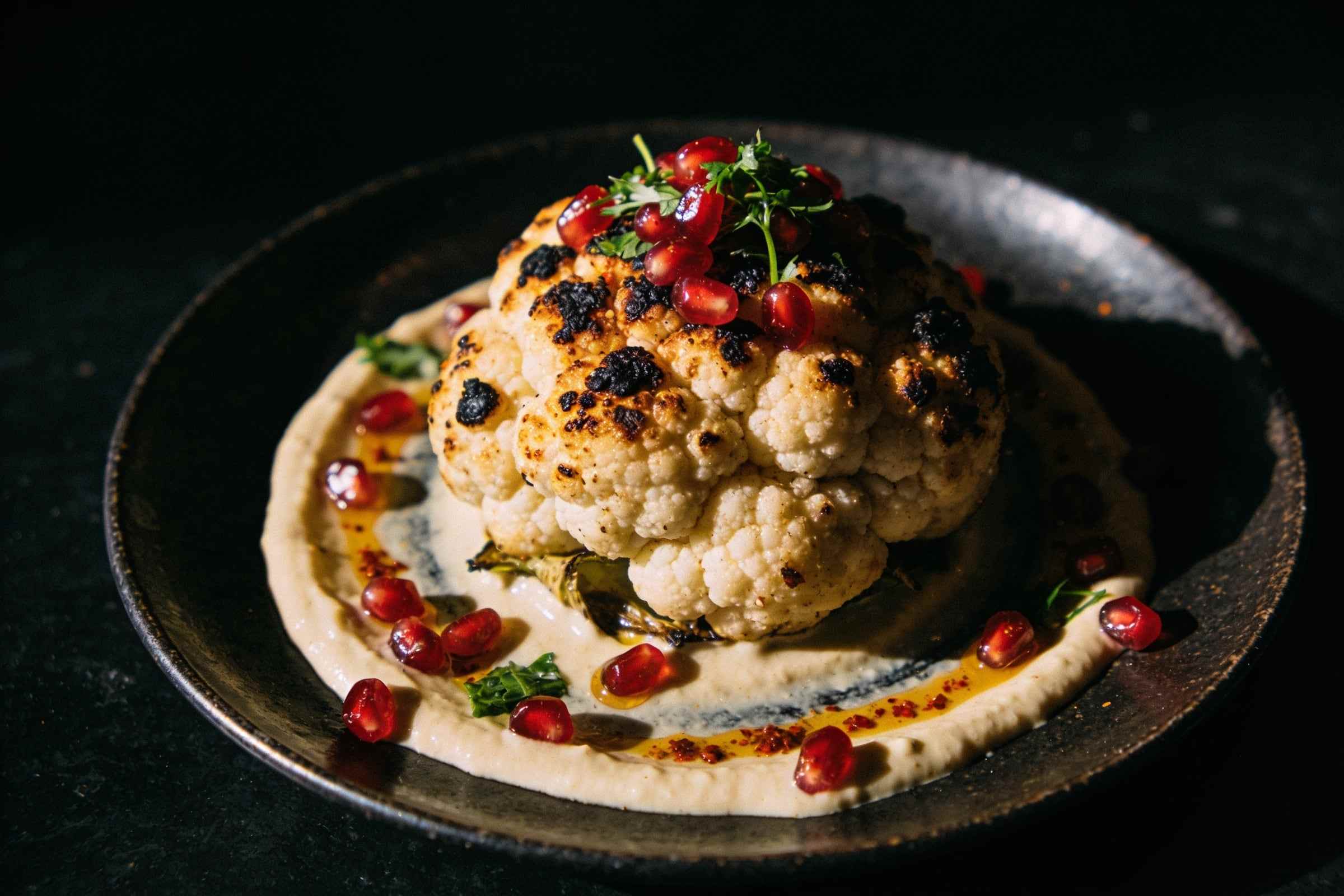 A whole roasted cauliflower blackened in places, on a pool of tahini with pomegranate seeds, herbs and red chilli oil