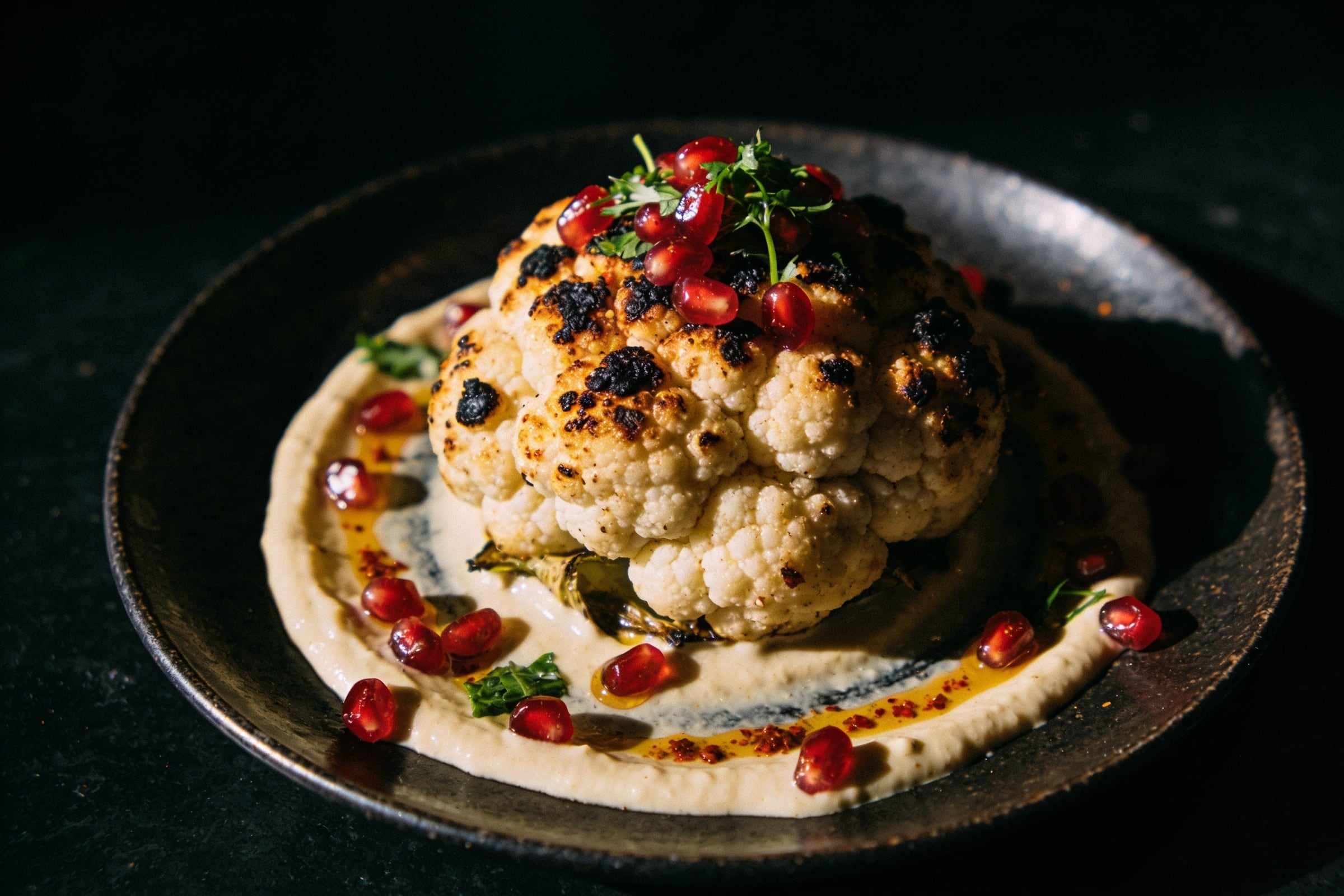 A whole roasted cauliflower blackened in places, on a pool of tahini with pomegranate seeds, herbs and red chilli oil