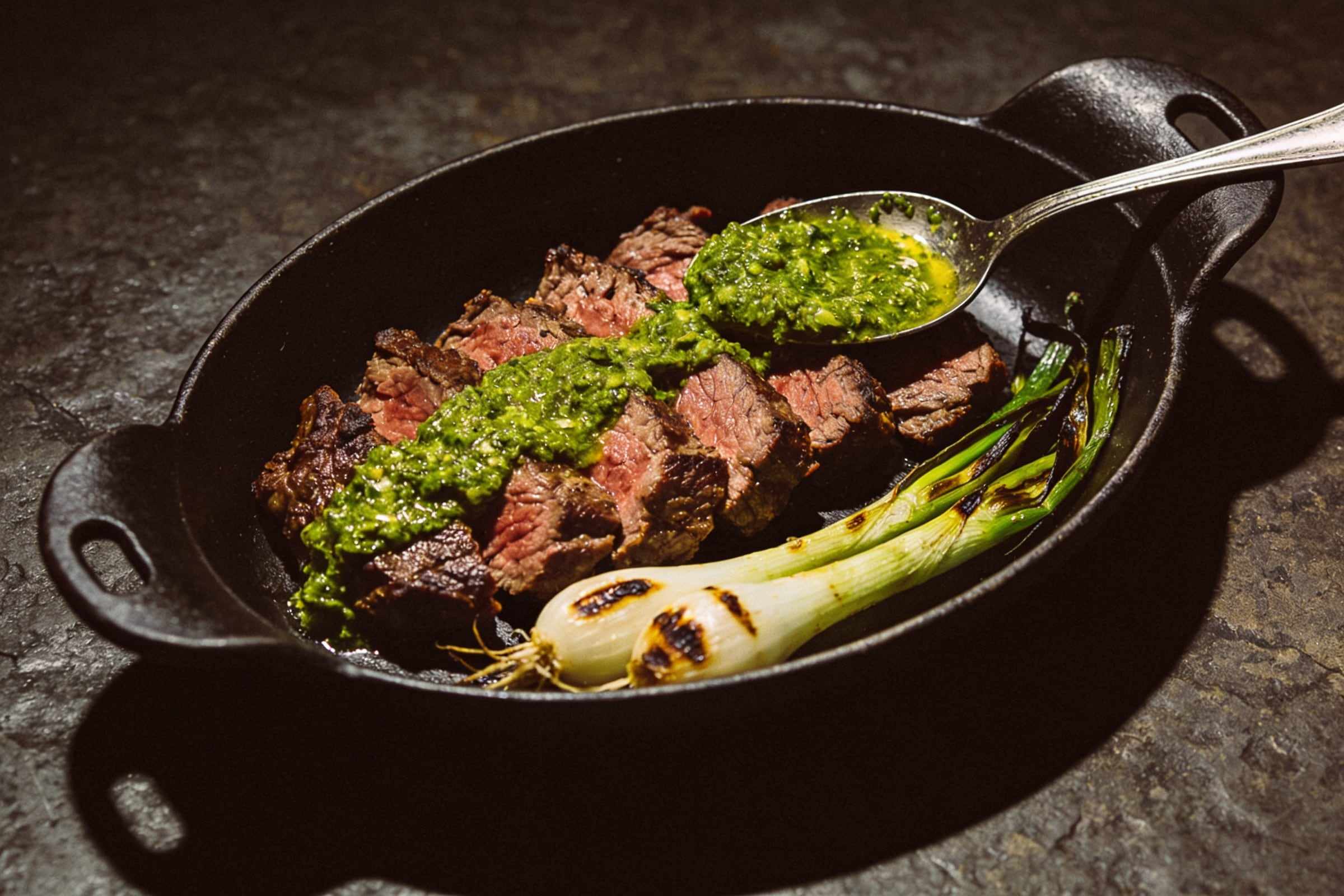 Slices of medium-rare hanger steak in a cast-iron dish with green chimichurri spooned over and charred spring onions