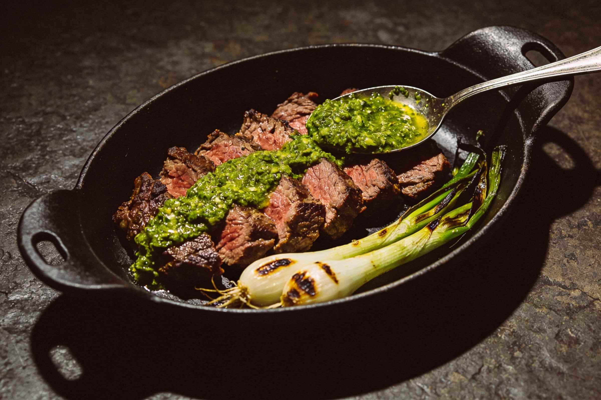 Slices of medium-rare hanger steak in a cast-iron dish with green chimichurri spooned over and charred spring onions