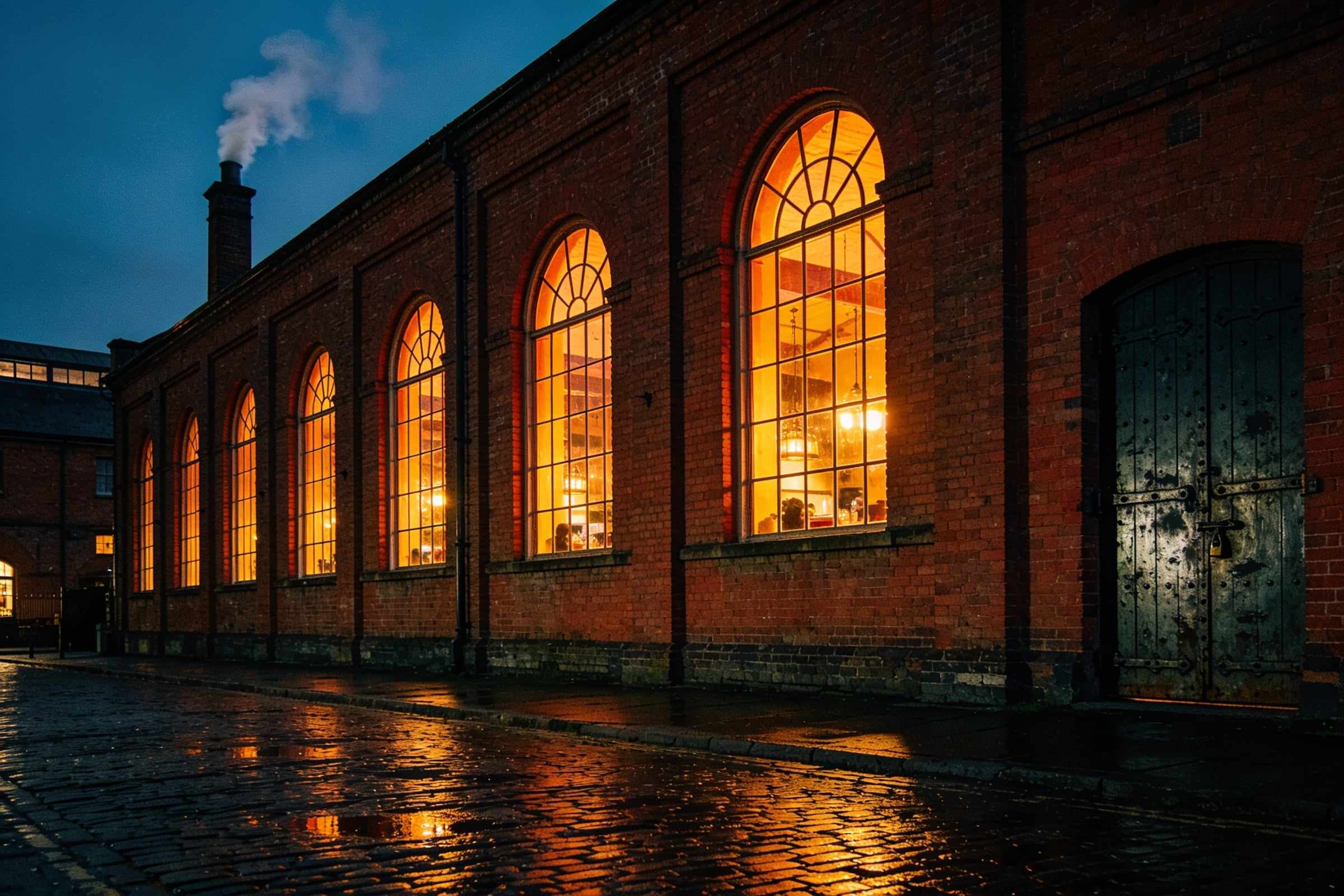 A long red-brick maltings building at dusk with tall arched windows glowing amber and smoke rising from the chimney, wet cobbles in front