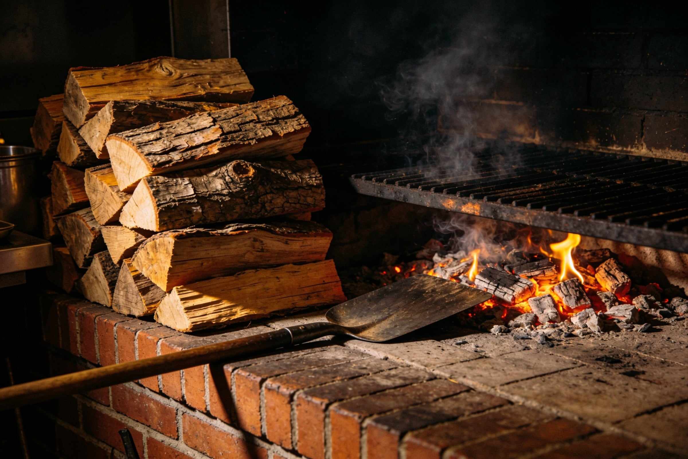 A stack of split oak logs beside a brick hearth with a bed of glowing embers and a long shovel
