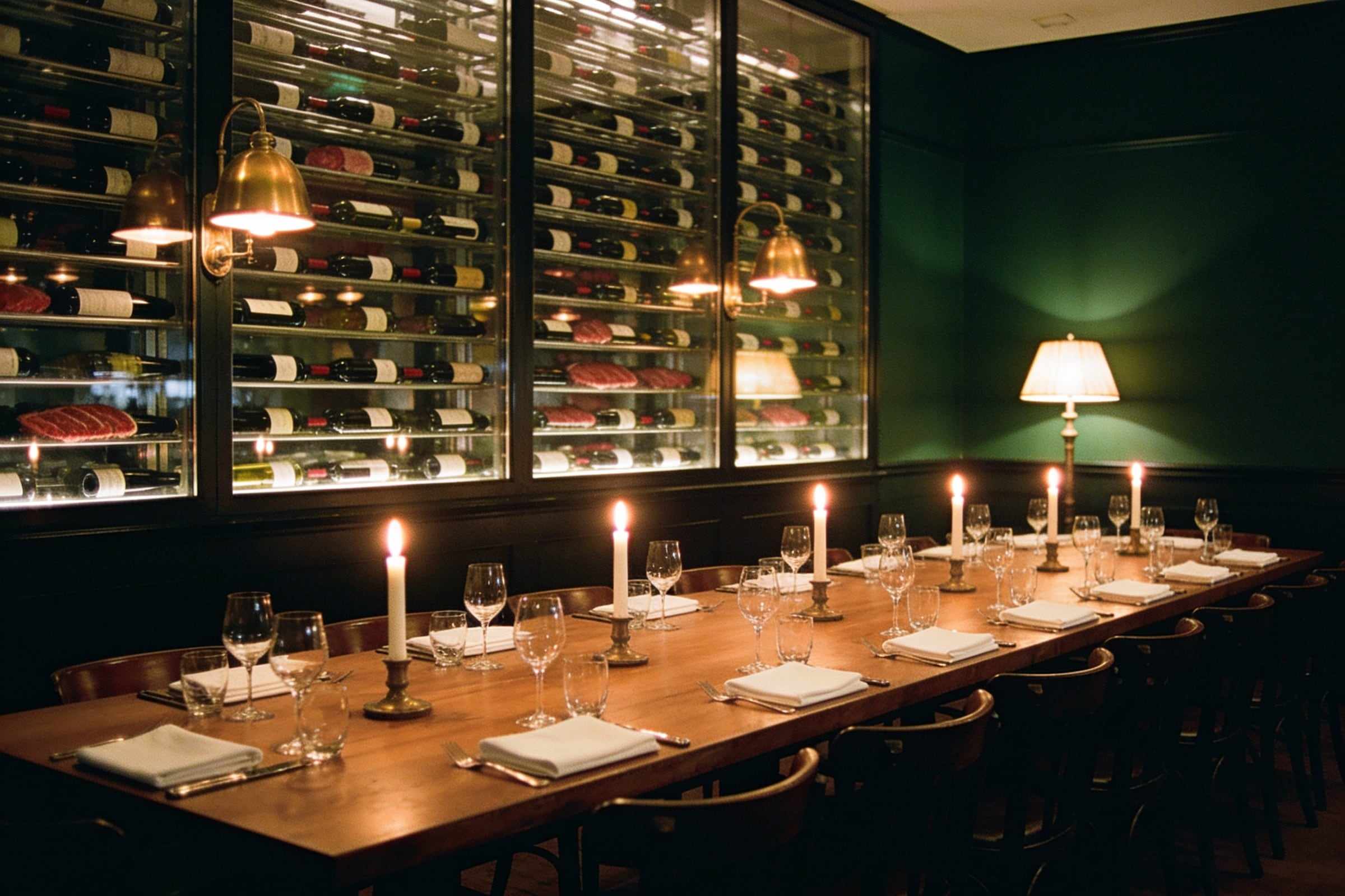 A long oak table set with candles and wine glasses in a dark green room with a glass wall of wine bottles