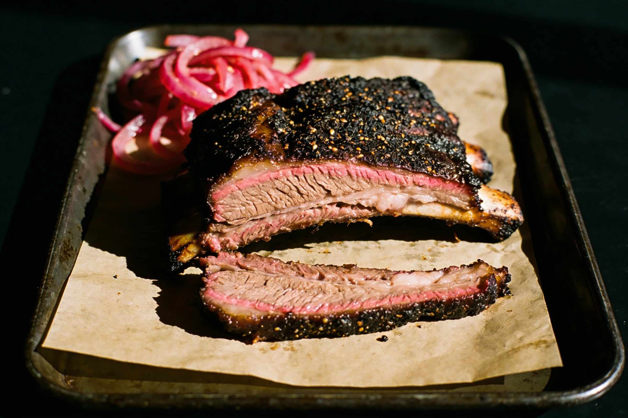 A smoked beef short rib with a black peppery crust and a pink smoke ring, one slice cut, on butcher paper with pickled red onions